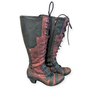 DKODE Red and Black Lace-Up Leather Boots Goth Steampunk